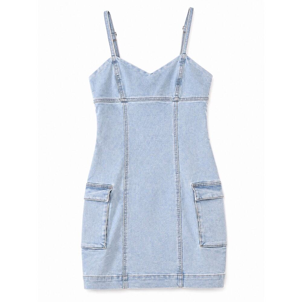 Tinseltown Denim Mini Dress Women’s Small Light Wash Sleeveless Bodycon Pockets